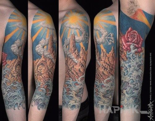 Tattoo Krajobraz in sleeves motif and engravings / gravure style on the upper arm