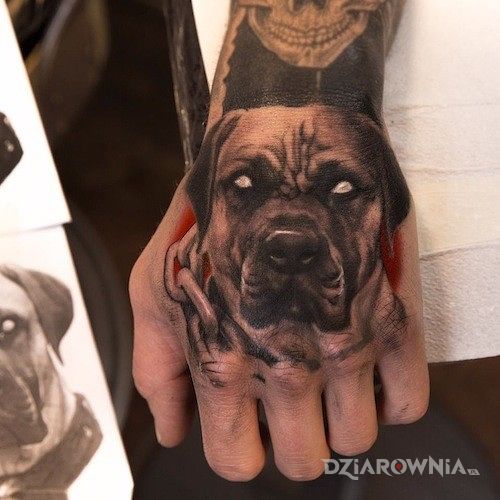 Tatuaż pies w motywie zwierzęta na dłoni