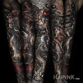 Tattoo Sinister sleeve on the forearm motif: dark style: realistic