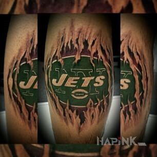 Tattoo New York Jets in other motif on the calf