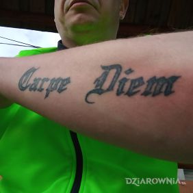 Tatuaż Carpe Diem na przedramieniu motyw: napisy styl: kaligrafia
