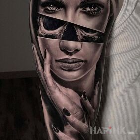 Tattoo Under the face on the upper arm motif: faces style: realistic
