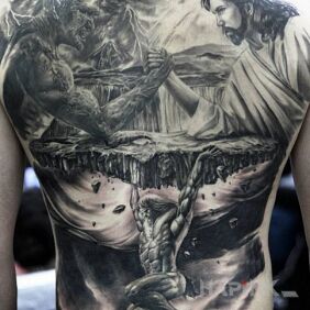 Tattoo Good and evil on the back motif: characters style: realistic