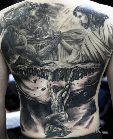 Tattoo Dobro i zło in demons motif and realistic style on the shoulder blades
