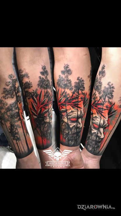 Tatuaż leśny dziad w motywie twarze i stylu graficzne / ilustracyjne na przedramieniu