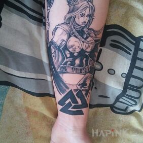 Tattoo Valkyrie on the forearm motif: black and gray style: graphic / illustrative
