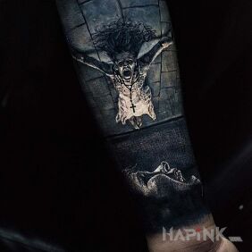Tattoo Possessed girl on the forearm motif: dark style: realistic