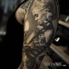 Tattoo Horned girl on the upper arm motif: 3D style: realistic
