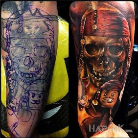 Tattoo Old and new on the leg motif: colorful style: realistic