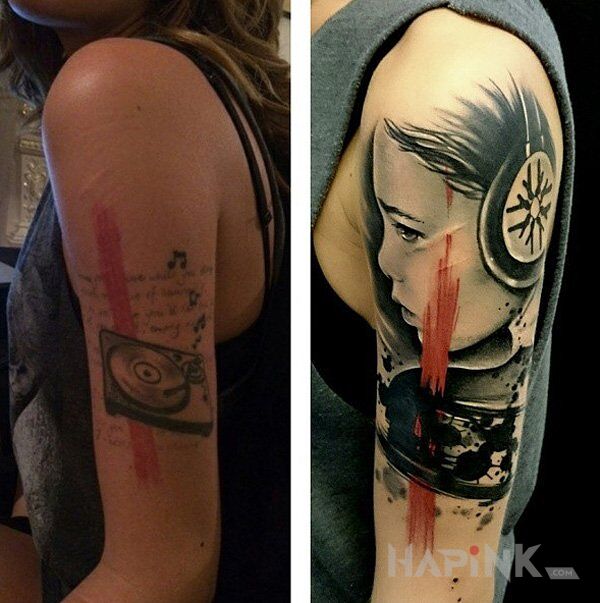 Tattoo Ulepszenie in faces motif and trash polka style on the upper arm
