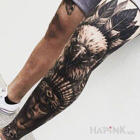 Tattoo Indian leg on the calf motif: faces style: realistic