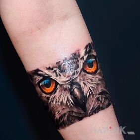 Tattoo Owl's head on the forearm motif: animals style: realistic