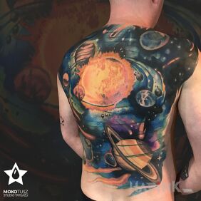 Tattoo Cosmos on the back motif: cosmos style: realistic