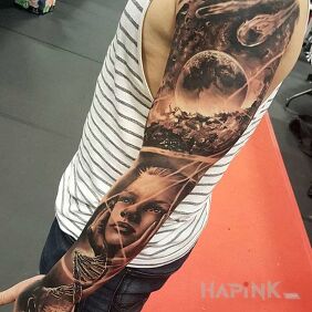 Tattoo Life on earth on the forearm motif: 3D style: realistic