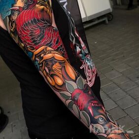 Tattoo Coloring Book on the forearm motif: faces style: neo-traditional