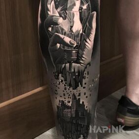 Tattoo Disintegration of hands on the calf motif: black and gray style: realistic