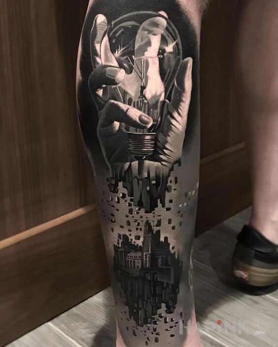 Tattoo Rozpad dłoni in other motif and realistic style on the calf