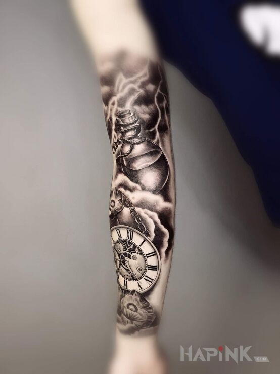 Tattoo Pierwszy  taki duzy ale nie ostatni ? in black and gray motif and realistic style on the forearm
