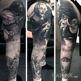 Tattoo Albert Einstein on the calf motif: legsleeves style: realistic