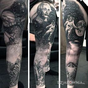 Tatuaż Albert Einstein na nodze motyw: postacie styl: realistyczne