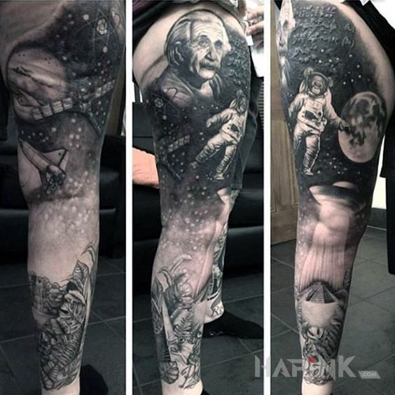 Tattoo Albert Einstein in cosmos motif and realistic style on the calf