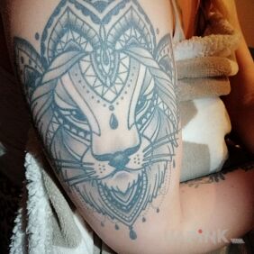 Tattoo Lion on the upper arm motif: animals style: graphic / illustrative