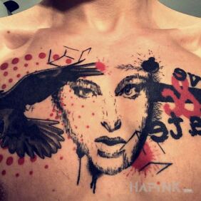 Tattoo Love and hate on the chest motif: colorful style: trash polka