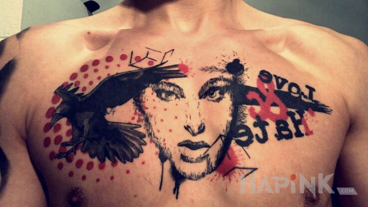 Tattoo Kochaj i nienawidzić in animals motif and trash polka style on the chest