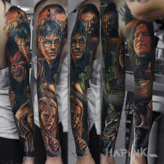 Tattoo Harry Potter in sleeves motif and realistic style on the forearm