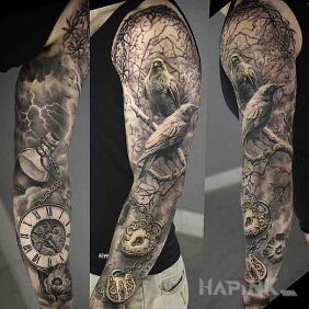 Tattoo Great sleeve on the forearm motif: black and gray style: realistic