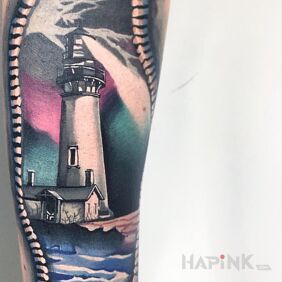 Tattoo Lighthouse on the forearm motif: other style: realistic