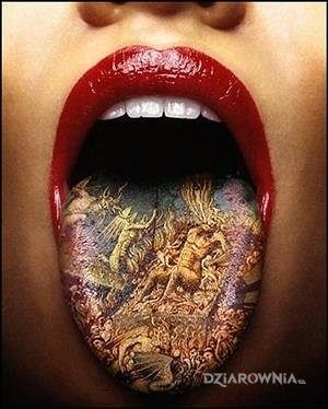 Tatuaż dzieło sztuki na języku w motywie 3D na głowie
