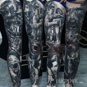 Tattoo Artistic tattoo massacre on the leg motif: sleeves style: realistic