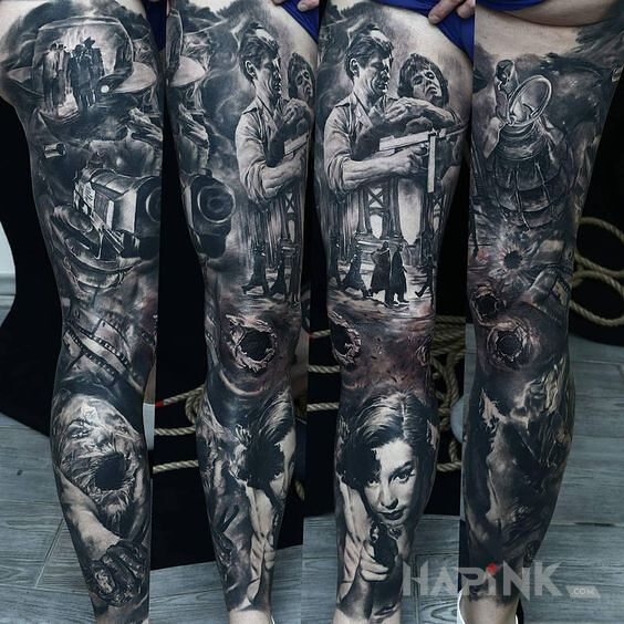 Tattoo Masakra tatuażem artystycznym in war motif and realistic style on the leg