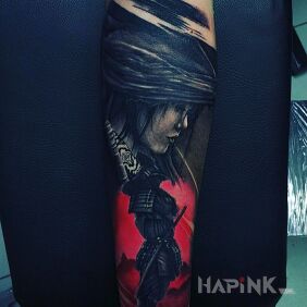 Tattoo Samurai on the forearm motif: black and gray style: realistic