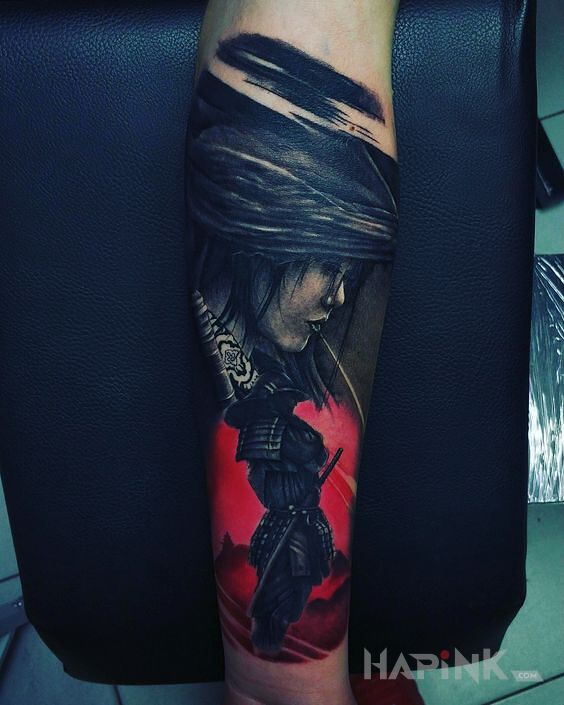 Tattoo Samurai in characters motif and realistic style on the forearm