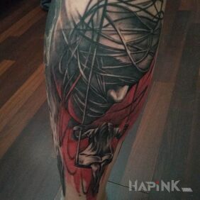 Tattoo Fear on the calf motif: dark style: graphic / illustrative