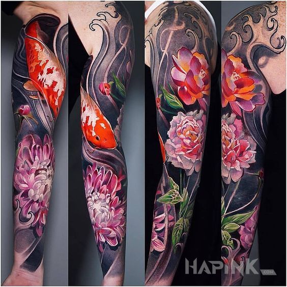 Tattoo Karp koi in colorful motif and japanese / irezumi style on the forearm