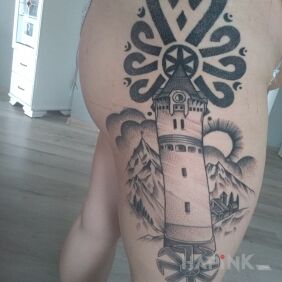Tattoo Parzenica/Tower/Mountain/Coaster on the leg motif: black and gray style: graphic / illustrative
