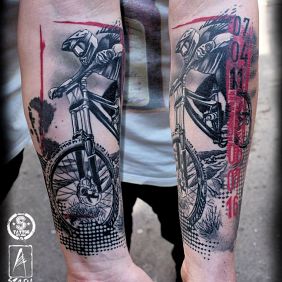 Tattoo Cycling passion on the forearm motif: characters style: trash polka