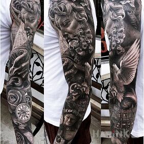 Tattoo Sage with a beard on the upper arm motif: objects style: realistic
