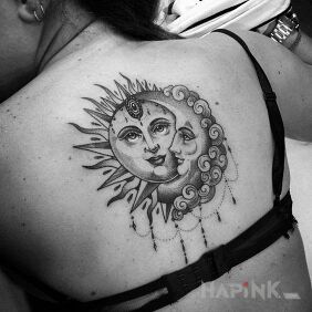 Tattoo Inseparable couple on the back motif: black and gray style: graphic / illustrative