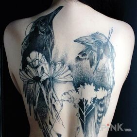 Tattoo Two black crows on the back motif: animals