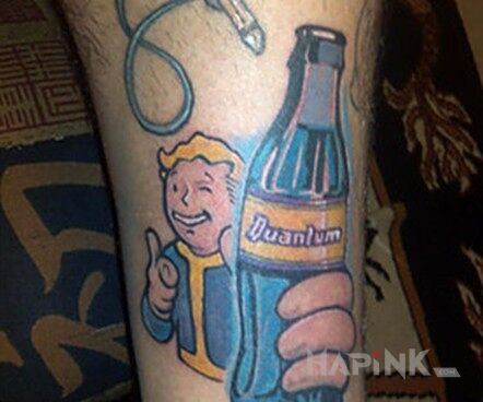 Tattoo Fallout in characters motif on the forearm