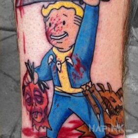 Tattoo Fallout 2 on the calf motif: characters