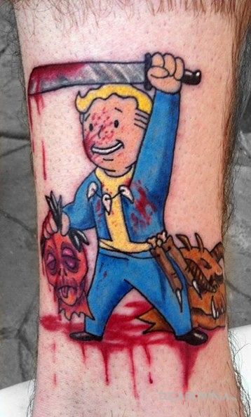 Tatuaż fallout 2 w motywie postacie na łydce