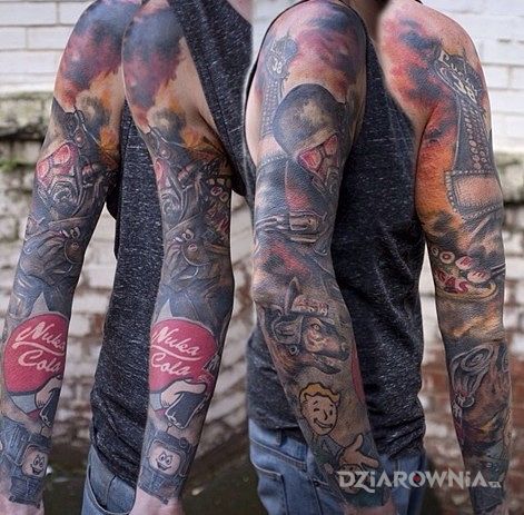 Tatuaż rękaw z fallouta w motywie rękawy na przedramieniu