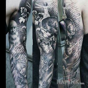 Tattoo Leonardo da Vinci on the upper arm motif: faces style: realistic