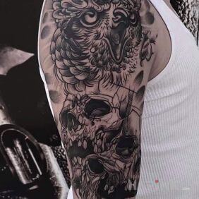 Tattoo Owl, skulls on the upper arm motif: animals style: sketch