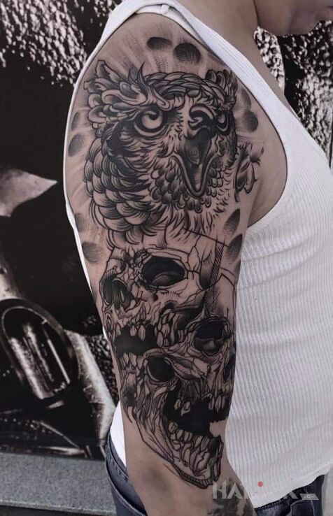 Tattoo Sowa, czaszki in skulls motif and sketch style on the upper arm